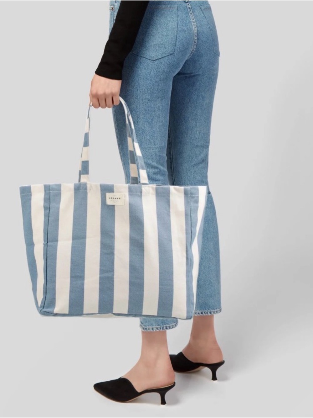 Sezane blue stripes summer beach tote bag - Picture 3 of 8